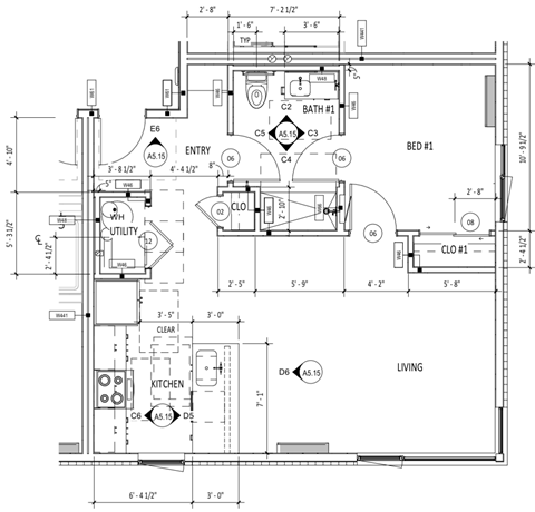 A floor plan of a house with a living room, kitchen, and two bedrooms.